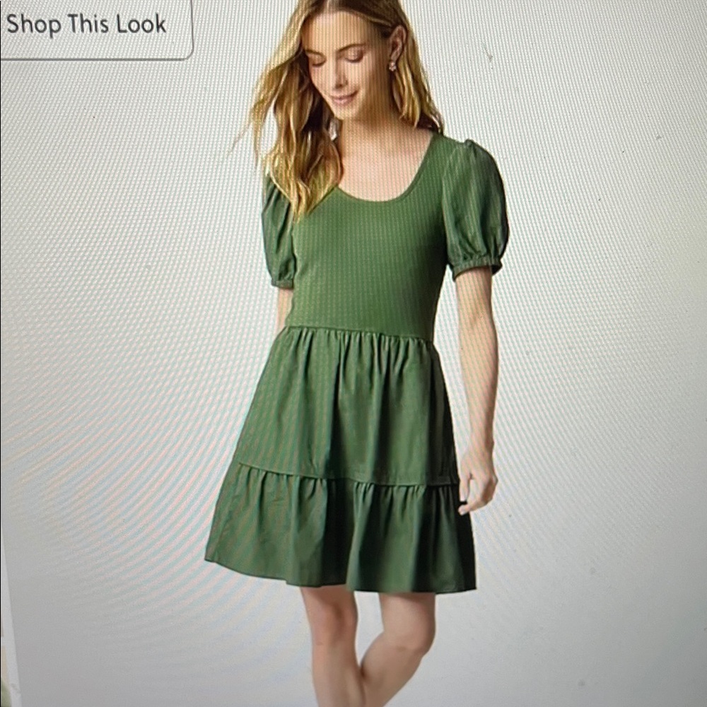 NWT Olive Green Puff-Sleeve Tiered Mini Dress